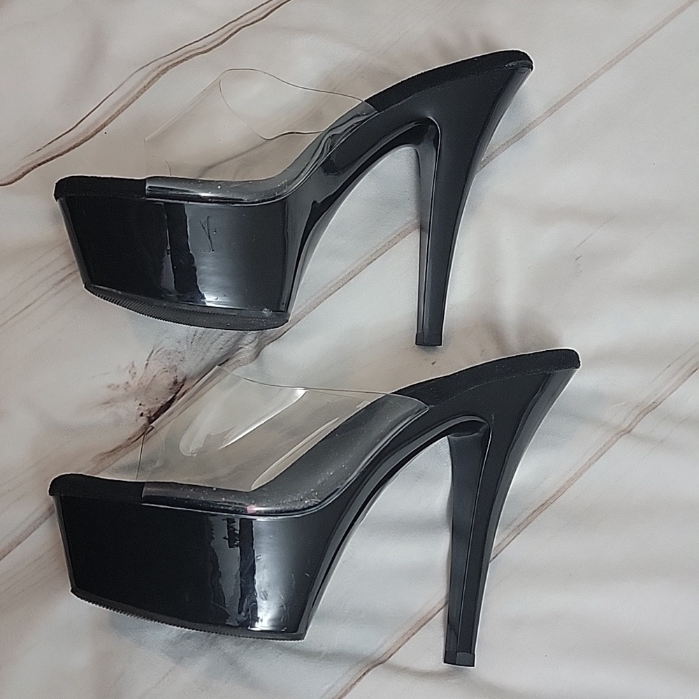 Pleaser Womens Kiss 201 Black and Clear Open Toe Platform Stiletto Pump size 14